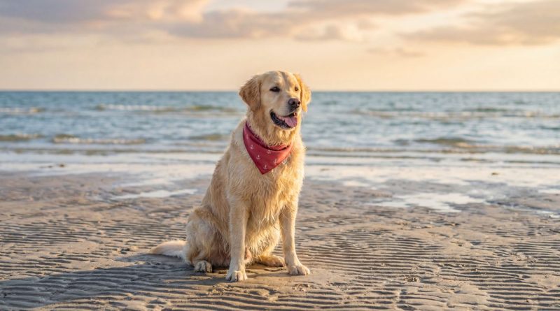 Cane felice su una spiaggia pet friendly in Italia con guinzaglio e mare sullo sfondo, viaggio estate